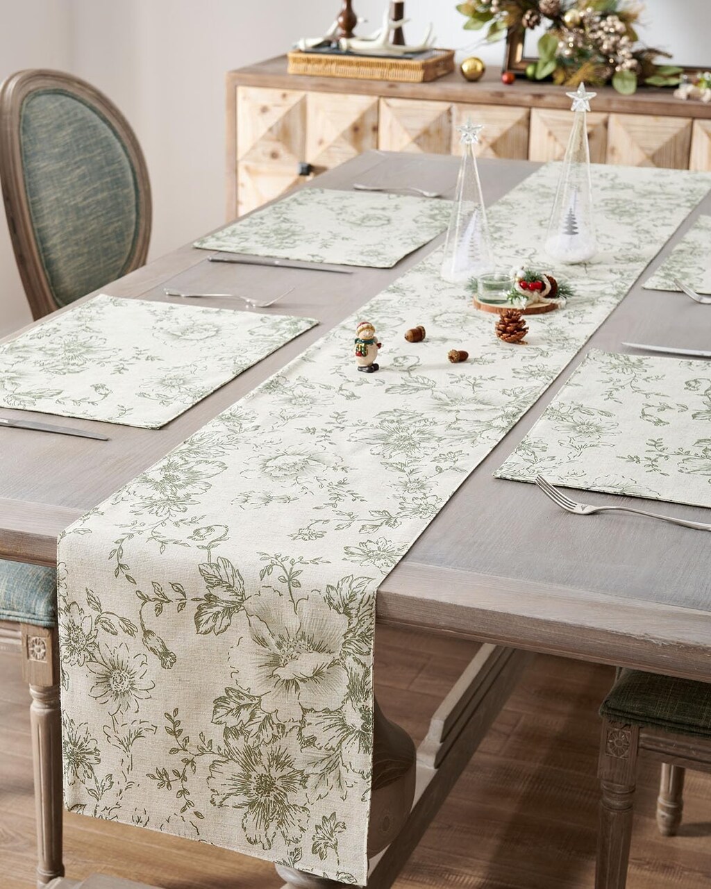 Floral Linen Table Runner for Kitchen & Dining – Farmhouse Sage Flower Print, Beige Linen Blend, 13 x 72 Inch – Indoor & Outdoor Table Decor for Christmas, Holidays, Parties